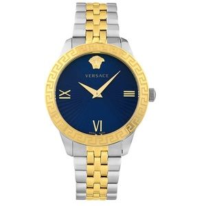 $1535 Versace Signature Unisex Two-Tone Gold & Blue Face Watch 38mm